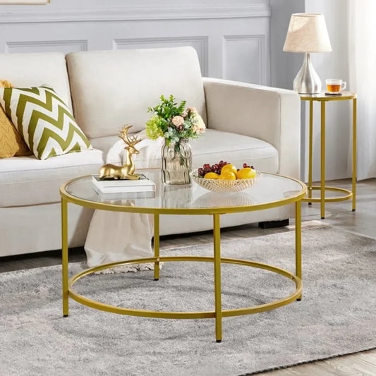 Gold Round Modern Glass-Top Coffee Table