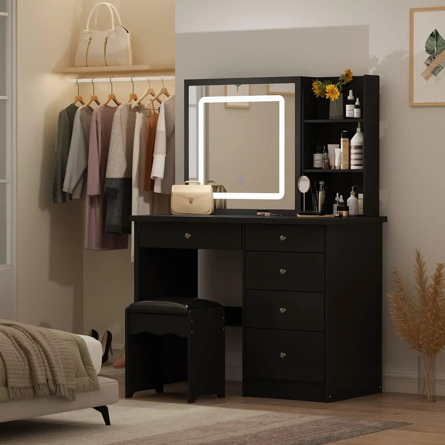 Vanity Desk Set with Lighted Sliding Mirror