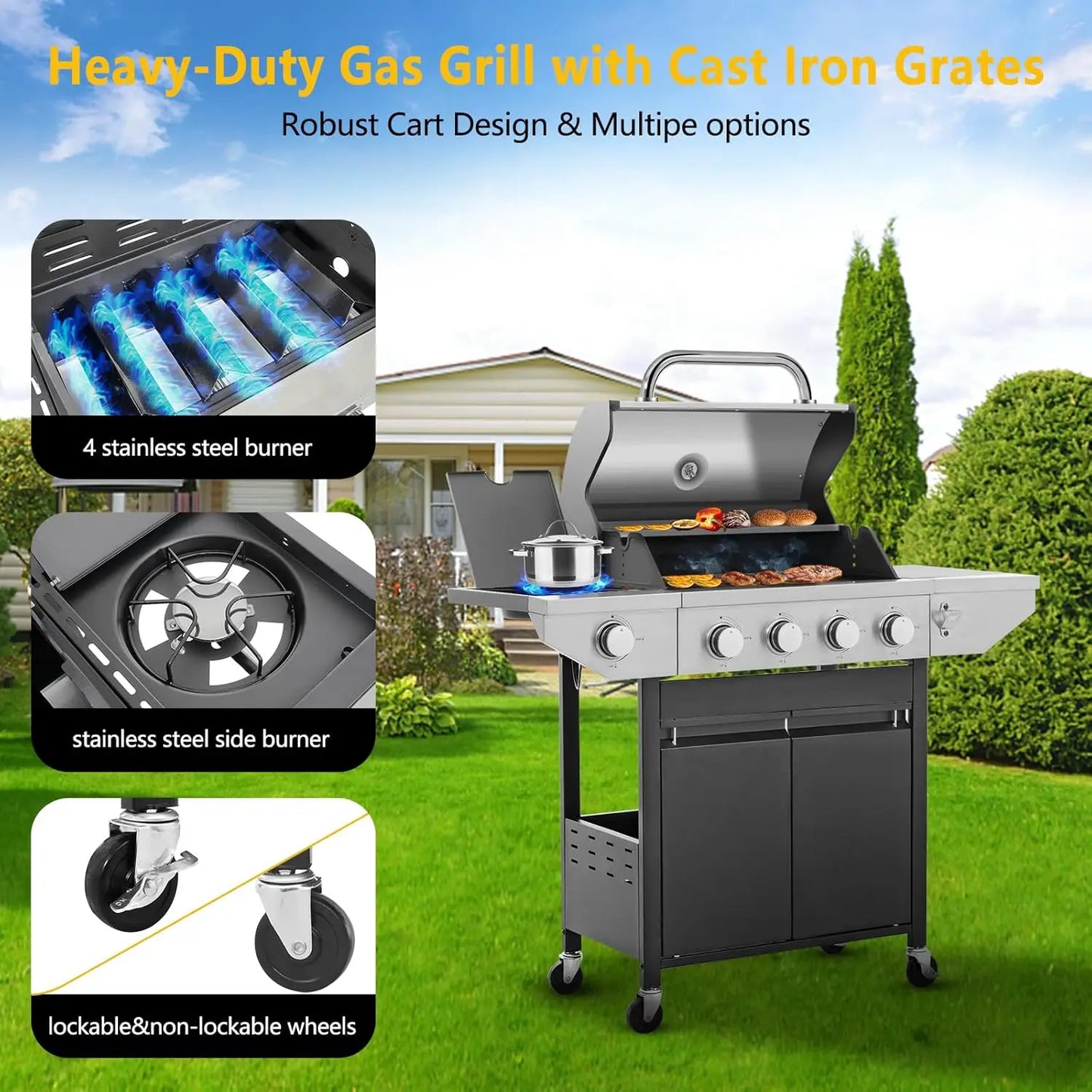 Burners Propane Gas Grill with Side Burner