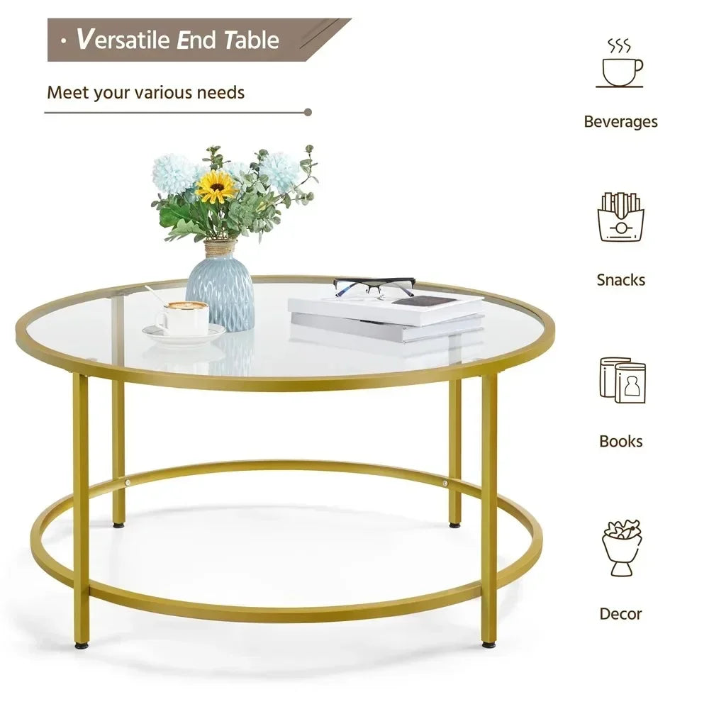 Gold Round Modern Glass-Top Coffee Table