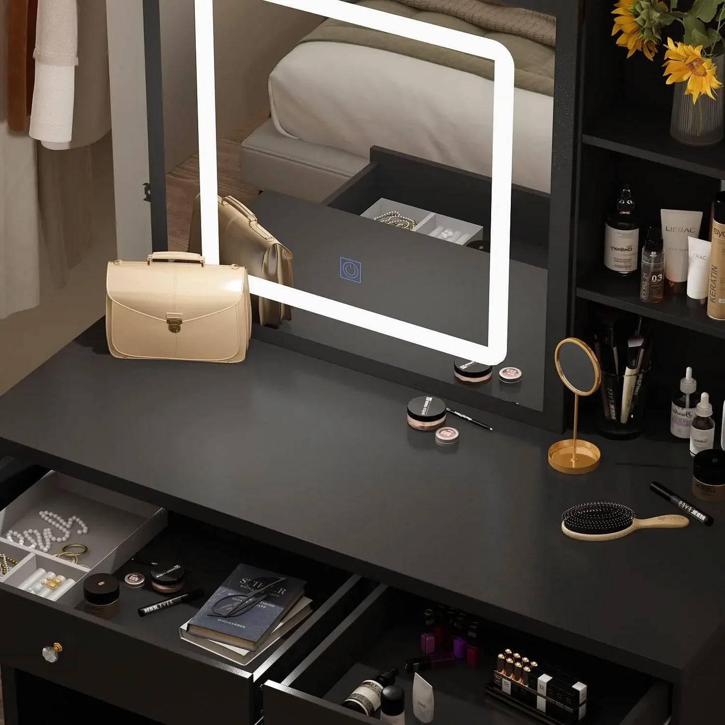 Vanity Desk Set with Lighted Sliding Mirror