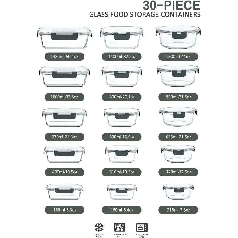 30 Piece Glass Food Storage Containers